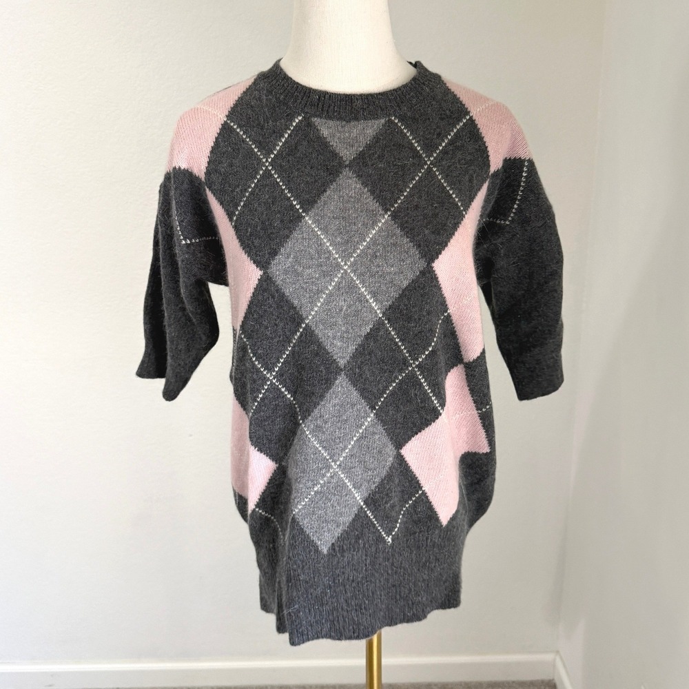 Vintage Lambswool Angora Argyle Sweater Short Sleeve Small Preppy Evan-Picone